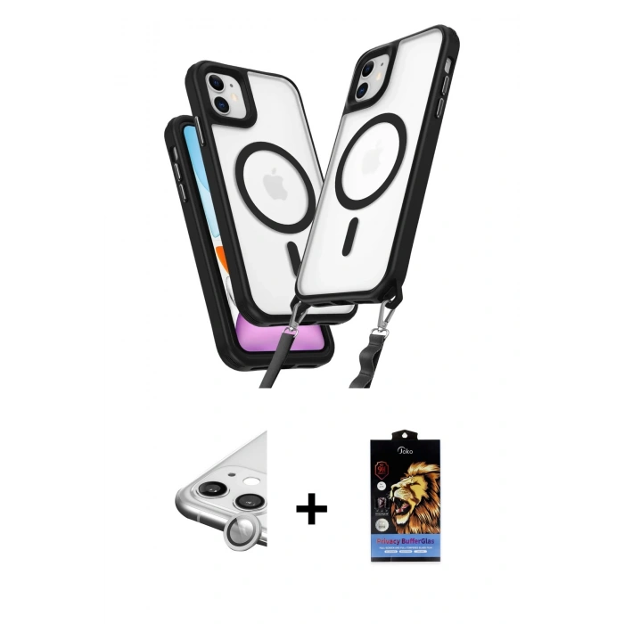 MARSİLYAN™- iPhone 11 Kılıf Atlas Doku Koleksiyonu - Siyah Buffer Hayalet Cam Ekran Koruyucu + Raze Metal Kamera Lens - GS