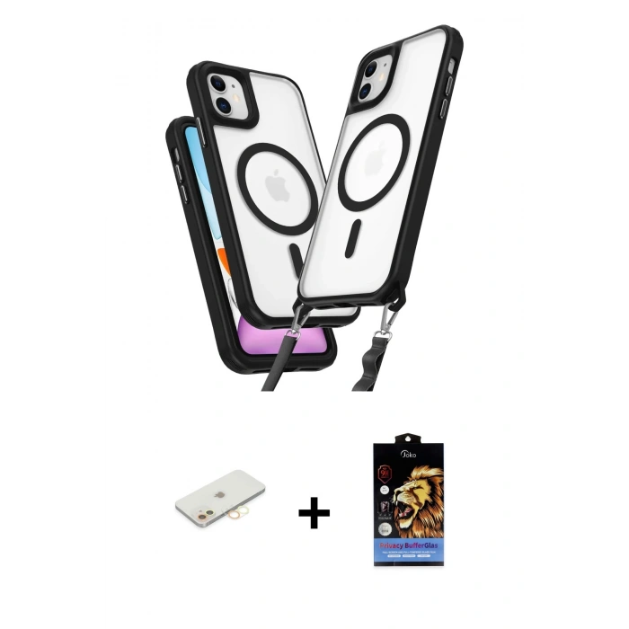 MARSİLYAN™- iPhone 11 Kılıf Atlas Doku Koleksiyonu - Siyah Buffer Hayalet Cam Ekran Koruyucu + Renkli Kamera Lens Koruma Cam - SI
