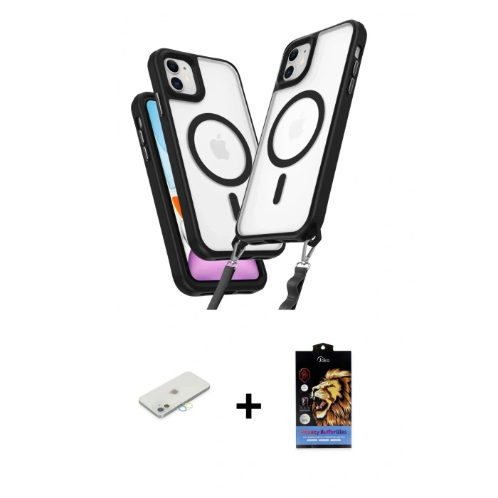 MARSİLYAN™- iPhone 11 Kılıf Atlas Doku Koleksiyonu - Siyah Buffer Hayalet Cam Ekran Koruyucu + Renkli Kamera Lens Koruma Cam - SI