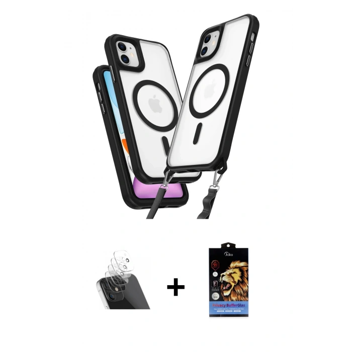 MARSİLYAN™- iPhone 11 Kılıf Atlas Doku Koleksiyonu - Siyah Buffer Hayalet Cam Ekran Koruyucu + Kamera Lens Koruma Cam - SF