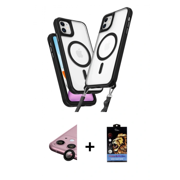 MARSİLYAN™- iPhone 11 Kılıf Atlas Doku Koleksiyonu - Siyah Buffer Hayalet Cam Ekran Koruyucu + Siyah Raze Metal Kamera Lens