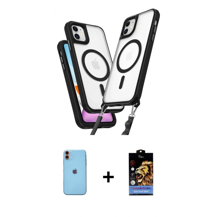 MARSİLYAN™- iPhone 11 Kılıf Atlas Doku Koleksiyonu - Siyah Buffer Hayalet Cam Ekran Koruyucu + Neon Fosforlu Kamera Lens - TU