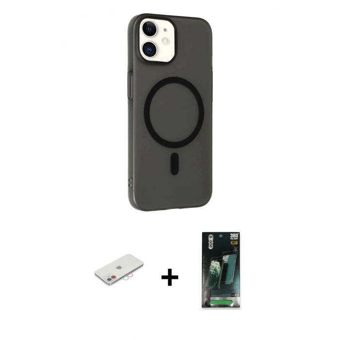 MARSİLYAN™- iPhone 11 Kılıf Çekirdek Modern Prime - Şeffaf 360 Full Body Arka Koruyucu + Renkli Kamera Lens Koruma Cam - PE
