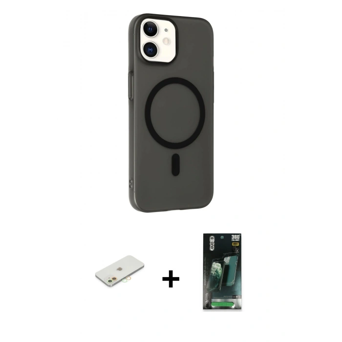 MARSİLYAN™- iPhone 11 Kılıf Çekirdek Modern Prime - Şeffaf 360 Full Body Arka Koruyucu + Renkli Kamera Lens Koruma Cam - TU