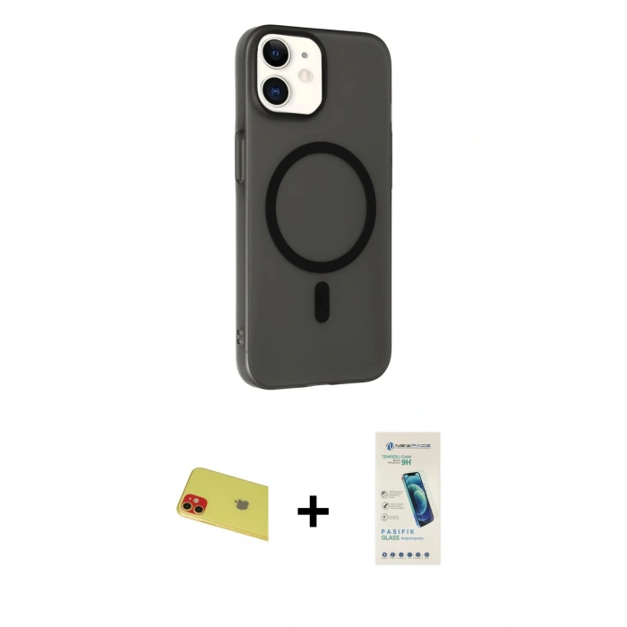 MARSİLYAN™- iPhone 11 Kılıf Çekirdek Modern Prime - Şeffaf Pasifik Cam Ekran Koruyucu + Rainbow Kamera Lens Koruma Cam - KI