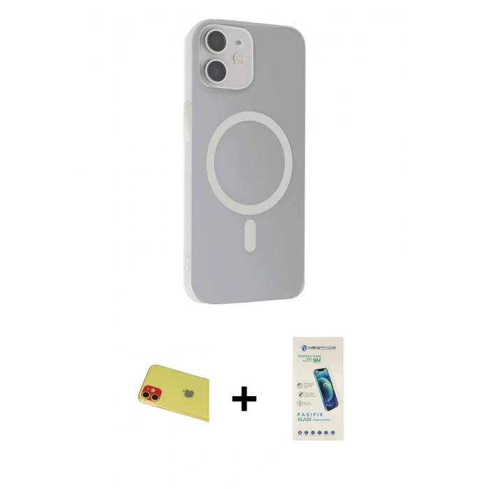 MARSİLYAN™- iPhone 11 Kılıf Çekirdek Modern Prime - Şeffaf Pasifik Cam Ekran Koruyucu + Rainbow Kamera Lens Koruma Cam - KI