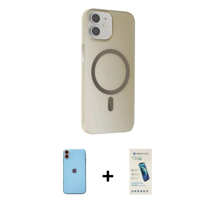 MARSİLYAN™- iPhone 11 Kılıf Çekirdek Modern Prime - Şeffaf Pasifik Cam Ekran Koruyucu + Neon Fosforlu Kamera Lens - TU