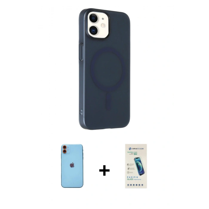 MARSİLYAN™- iPhone 11 Kılıf Çekirdek Modern Prime - Şeffaf Pasifik Cam Ekran Koruyucu + Neon Fosforlu Kamera Lens - TU