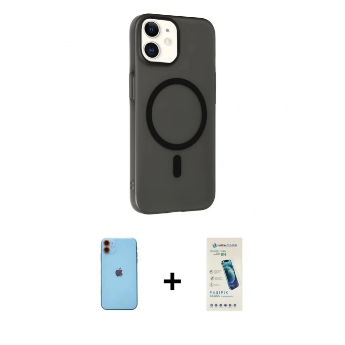 MARSİLYAN™- iPhone 11 Kılıf Çekirdek Modern Prime - Şeffaf Pasifik Cam Ekran Koruyucu + Neon Fosforlu Kamera Lens - TU