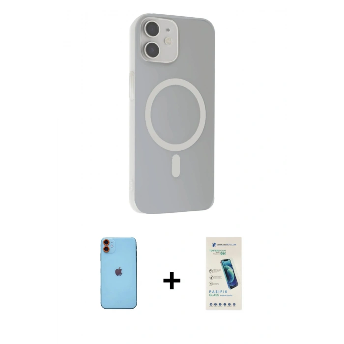 MARSİLYAN™- iPhone 11 Kılıf Çekirdek Modern Prime - Şeffaf Pasifik Cam Ekran Koruyucu + Neon Fosforlu Kamera Lens - TU