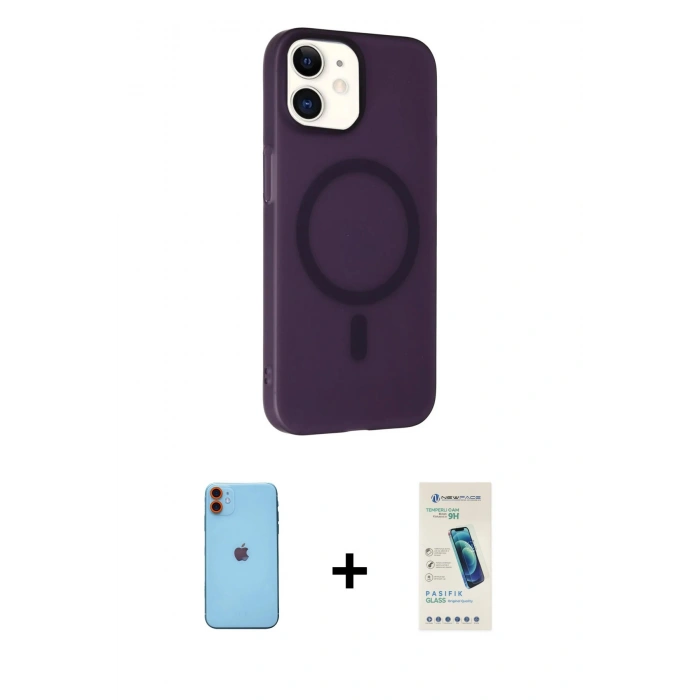 MARSİLYAN™- iPhone 11 Kılıf Çekirdek Modern Prime - Şeffaf Pasifik Cam Ekran Koruyucu + Neon Fosforlu Kamera Lens - TU