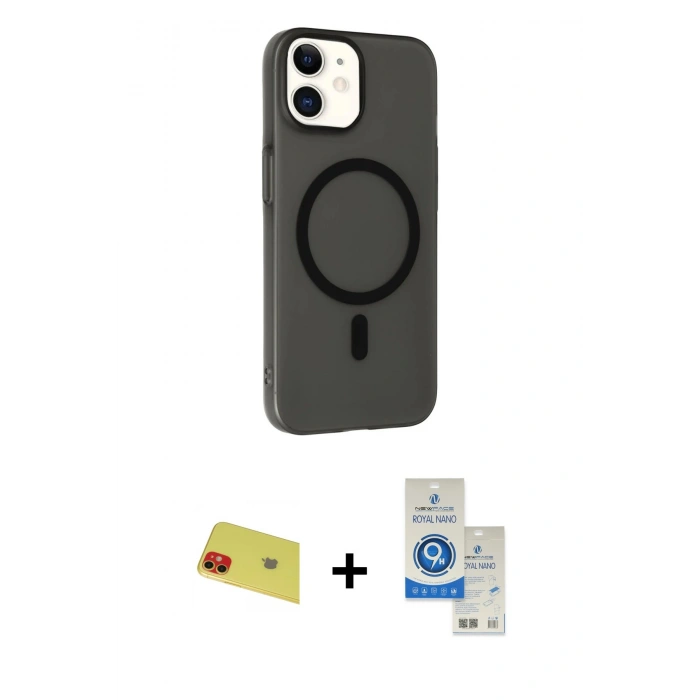 MARSİLYAN™- iPhone 11 Kılıf Çekirdek Modern Prime - Şeffaf Royal Nano Ekran Koruyucu + Rainbow Kamera Lens Koruma Cam - KI