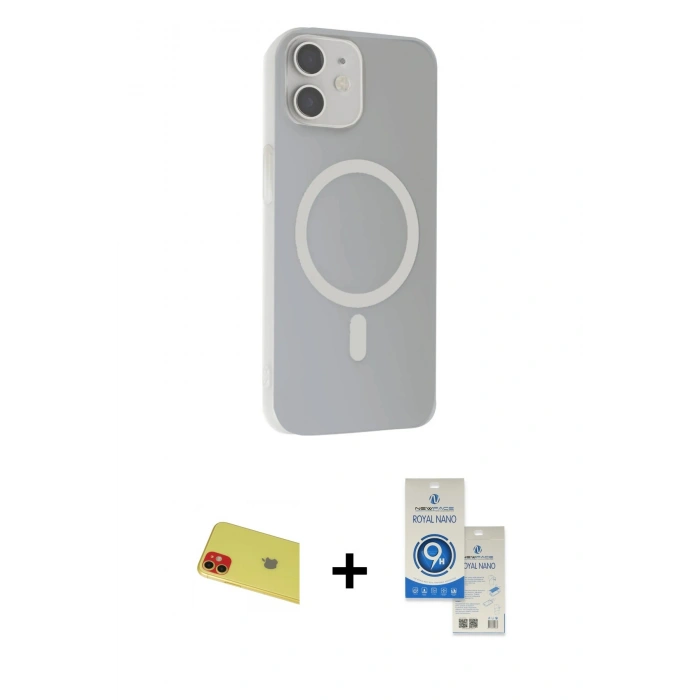MARSİLYAN™- iPhone 11 Kılıf Çekirdek Modern Prime - Şeffaf Royal Nano Ekran Koruyucu + Rainbow Kamera Lens Koruma Cam - KI