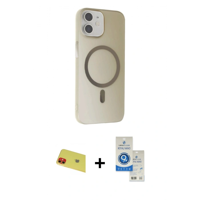 MARSİLYAN™- iPhone 11 Kılıf Çekirdek Modern Prime - Şeffaf Royal Nano Ekran Koruyucu + Rainbow Kamera Lens Koruma Cam - KI