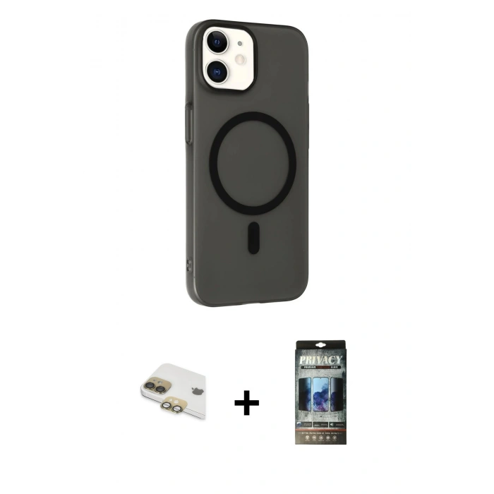 MARSİLYAN™- iPhone 11 Kılıf Çekirdek Modern Prime - Siyah 34D Hayalet Izgaralı Cam + Pers Alüminyum Kamera Lens - GD