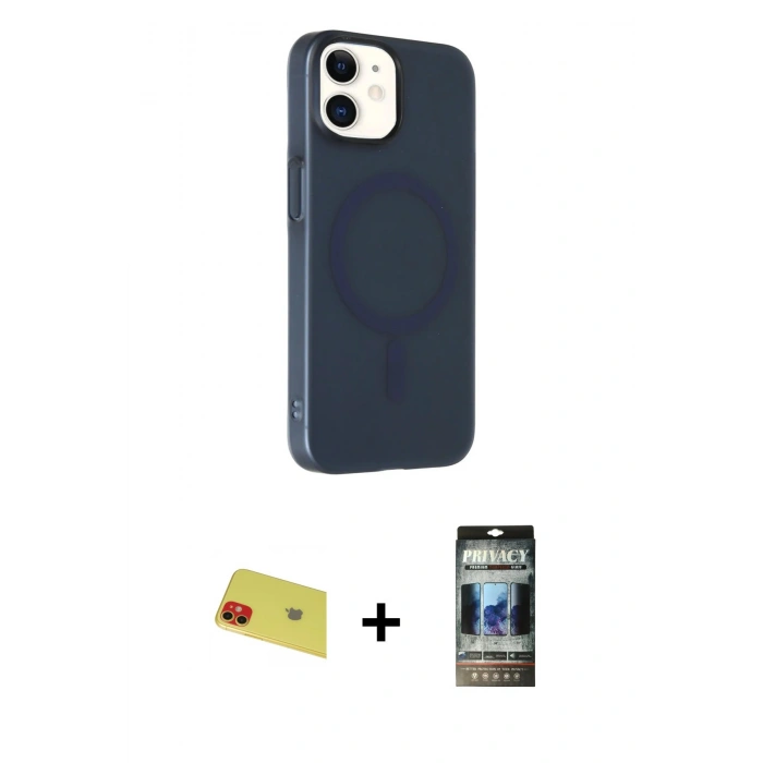 MARSİLYAN™- iPhone 11 Kılıf Çekirdek Modern Prime - Siyah 34D Hayalet Izgaralı Cam + Rainbow Kamera Lens Koruma Cam - KI