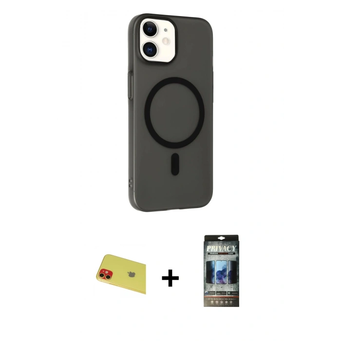 MARSİLYAN™- iPhone 11 Kılıf Çekirdek Modern Prime - Siyah 34D Hayalet Izgaralı Cam + Rainbow Kamera Lens Koruma Cam - KI