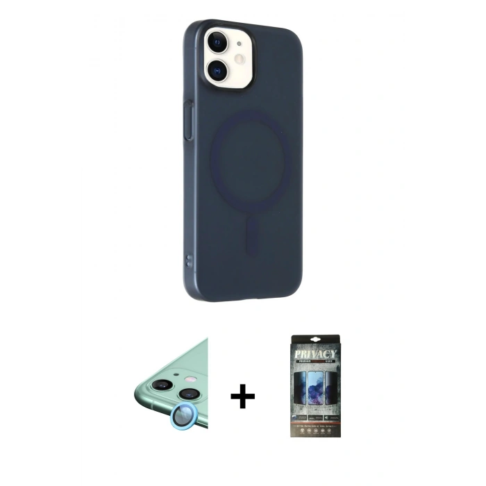 MARSİLYAN™- iPhone 11 Kılıf Çekirdek Modern Prime - Siyah 34D Hayalet Izgaralı Cam + Raze Metal Kamera Lens - MI