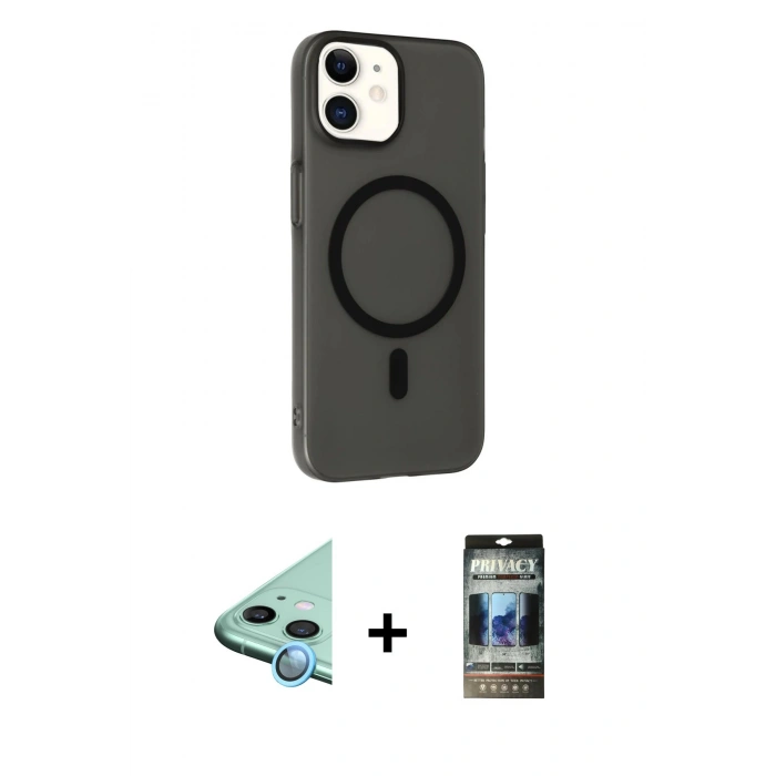 MARSİLYAN™- iPhone 11 Kılıf Çekirdek Modern Prime - Siyah 34D Hayalet Izgaralı Cam + Raze Metal Kamera Lens - MI