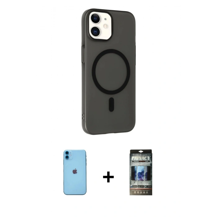 MARSİLYAN™- iPhone 11 Kılıf Çekirdek Modern Prime - Siyah 34D Hayalet Izgaralı Cam + Neon Fosforlu Kamera Lens - MI