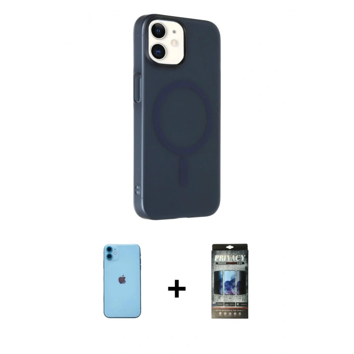 MARSİLYAN™- iPhone 11 Kılıf Çekirdek Modern Prime - Siyah 34D Hayalet Izgaralı Cam + Neon Fosforlu Kamera Lens - MI