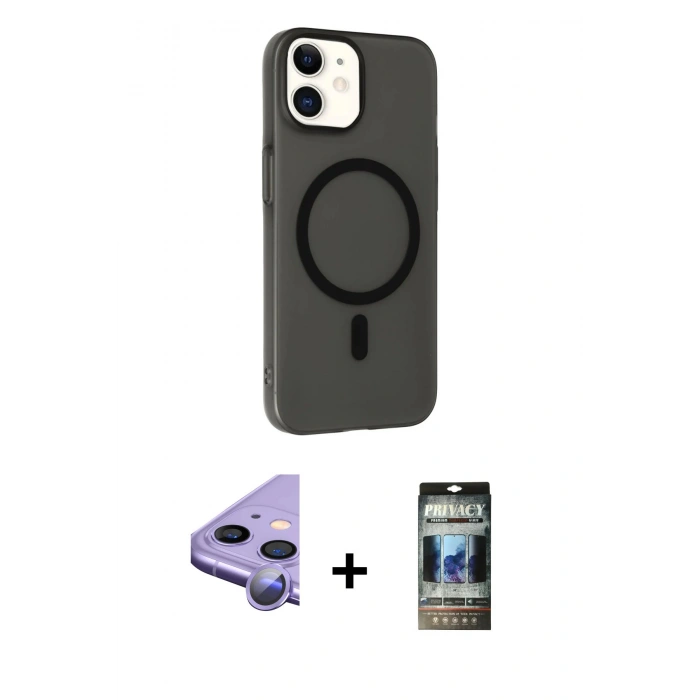 MARSİLYAN™- iPhone 11 Kılıf Çekirdek Modern Prime - Siyah 34D Hayalet Izgaralı Cam + Raze Metal Kamera Lens - MR