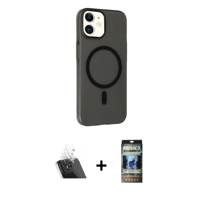 MARSİLYAN™- iPhone 11 Kılıf Çekirdek Modern Prime - Siyah 34D Hayalet Izgaralı Cam + Şeffaf Kamera Lens Koruma Cam