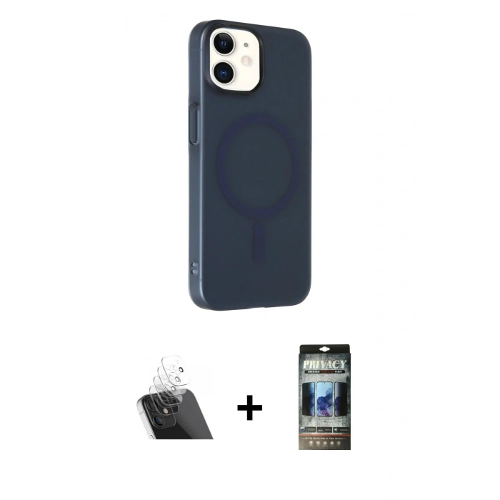MARSİLYAN™- iPhone 11 Kılıf Çekirdek Modern Prime - Siyah 34D Hayalet Izgaralı Cam + Şeffaf Kamera Lens Koruma Cam