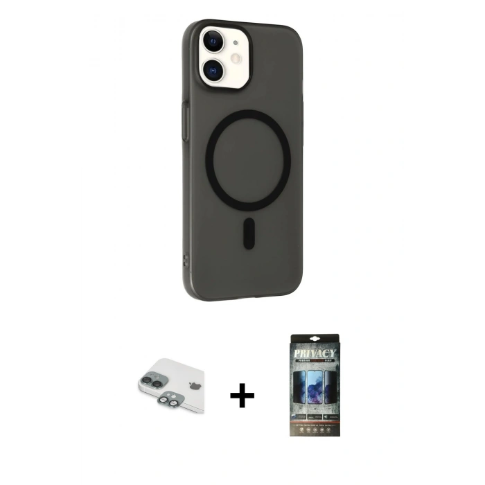 MARSİLYAN™- iPhone 11 Kılıf Çekirdek Modern Prime - Siyah 34D Hayalet Izgaralı Cam + Pers Alüminyum Kamera Lens - YL