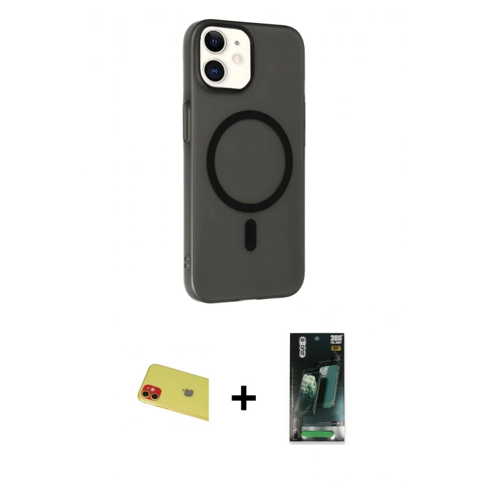 MARSİLYAN™- iPhone 11 Kılıf Çekirdek Modern Prime - Siyah 360 Mat Full Body Arka Koruyucu + Rainbow Kamera Lens Koruma Cam - KI