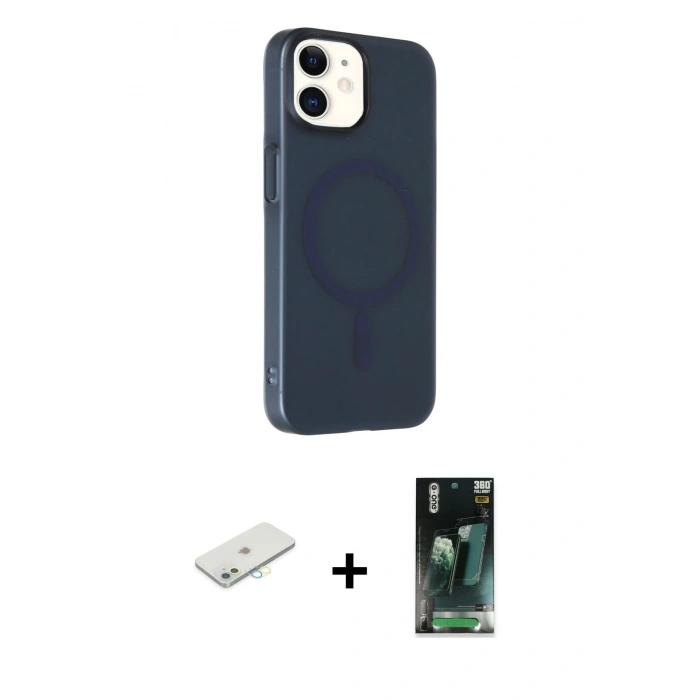MARSİLYAN™- iPhone 11 Kılıf Çekirdek Modern Prime - Siyah 360 Mat Full Body Arka Koruyucu + Renkli Kamera Lens Koruma Cam - SI