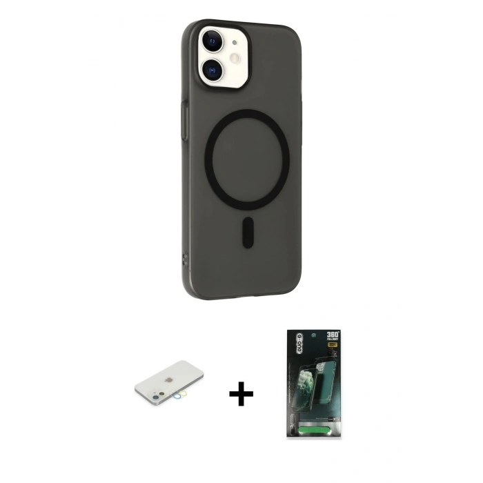 MARSİLYAN™- iPhone 11 Kılıf Çekirdek Modern Prime - Siyah 360 Mat Full Body Arka Koruyucu + Renkli Kamera Lens Koruma Cam - SI