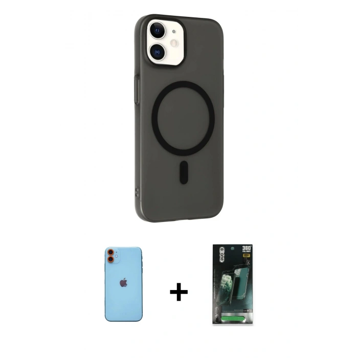 MARSİLYAN™- iPhone 11 Kılıf Çekirdek Modern Prime - Siyah 360 Mat Full Body Arka Koruyucu + Neon Fosforlu Kamera Lens - TU