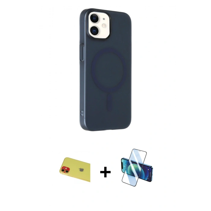 MARSİLYAN™- iPhone 11 Kılıf Çekirdek Modern Prime - Siyah 3D Antistatik Cam Ekran Koruyucu + Rainbow Kamera Lens Koruma Cam - KI
