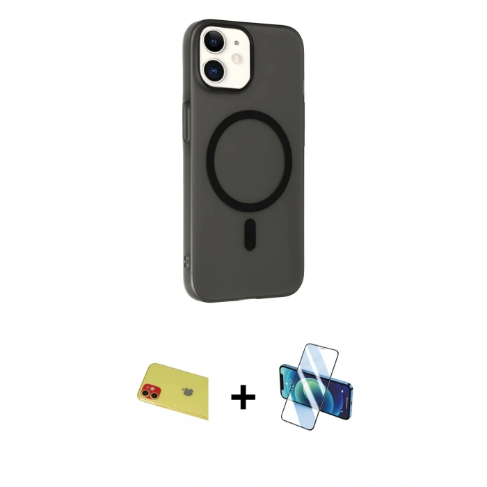 MARSİLYAN™- iPhone 11 Kılıf Çekirdek Modern Prime - Siyah 3D Antistatik Cam Ekran Koruyucu + Rainbow Kamera Lens Koruma Cam - KI