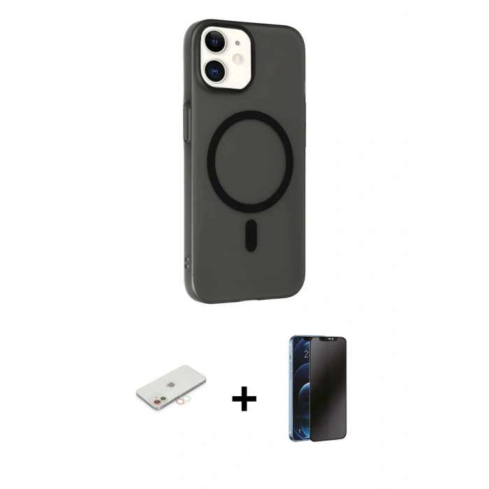MARSİLYAN™- iPhone 11 Kılıf Çekirdek Modern Prime - Siyah 3D Antistatik Hayalet Cam Ekran Koruyucu + Renkli Kamera Lens Koruma Cam - YL