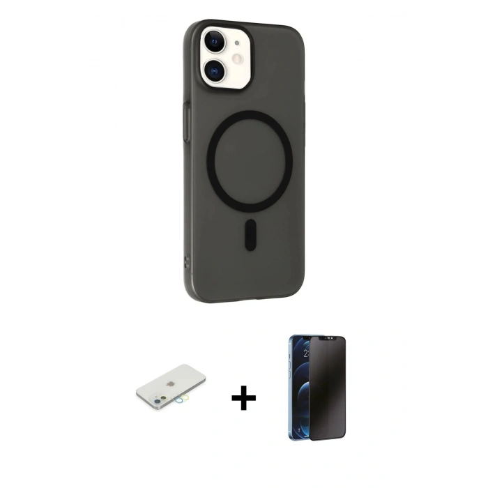 MARSİLYAN™- iPhone 11 Kılıf Çekirdek Modern Prime - Siyah 3D Antistatik Hayalet Cam Ekran Koruyucu + Renkli Kamera Lens Koruma Cam - SI
