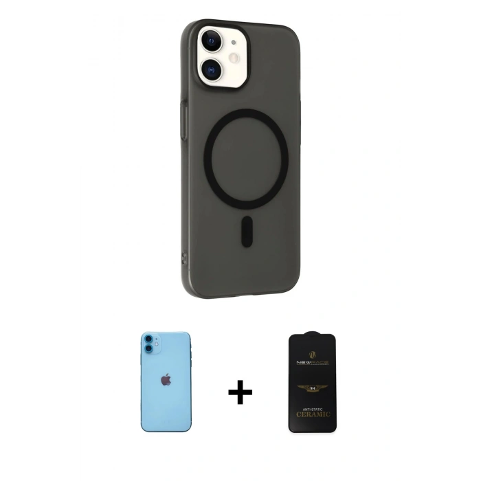 MARSİLYAN™- iPhone 11 Kılıf Çekirdek Modern Prime - Siyah 6D Antistatik Mat Seramik Hayalet Nano Ekran Koruyucu + Neon Fosforlu Kamera Lens - MI