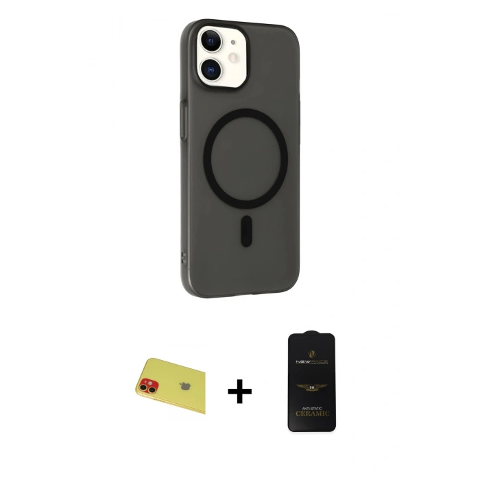 MARSİLYAN™- iPhone 11 Kılıf Çekirdek Modern Prime - Siyah 6D Antistatik Mat Seramik Hayalet Nano Ekran Koruyucu + Kırmızı Rainbow Kamera Lens Koruma Cam