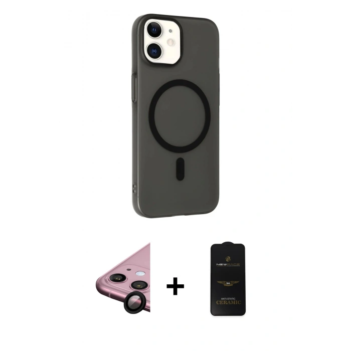 MARSİLYAN™- iPhone 11 Kılıf Çekirdek Modern Prime - Siyah 6D Antistatik Mat Seramik Hayalet Nano Ekran Koruyucu + Raze Metal Kamera Lens - SH