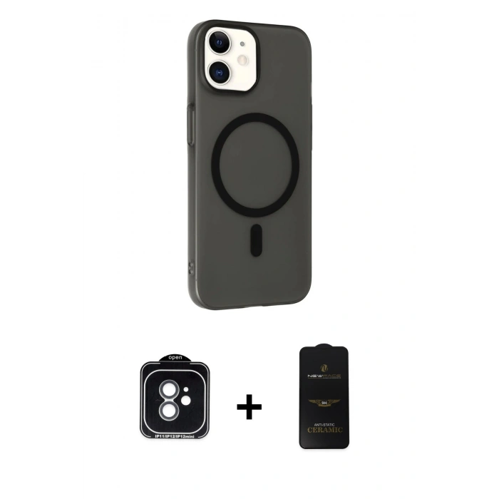 MARSİLYAN™- iPhone 11 Kılıf Çekirdek Modern Prime - Siyah 6D Antistatik Mat Seramik Hayalet Nano Ekran Koruyucu + Yeşil PVD Metal Kamera Lens