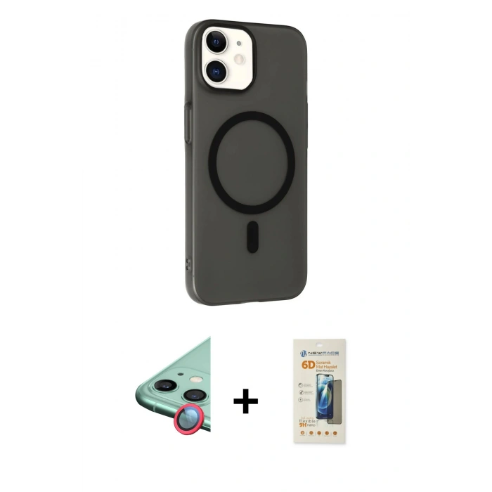 MARSİLYAN™- iPhone 11 Kılıf Çekirdek Modern Prime - Siyah 6D Mat Seramik Hayalet Nano Ekran Koruyucu + Kırmızı Raze Metal Kamera Lens