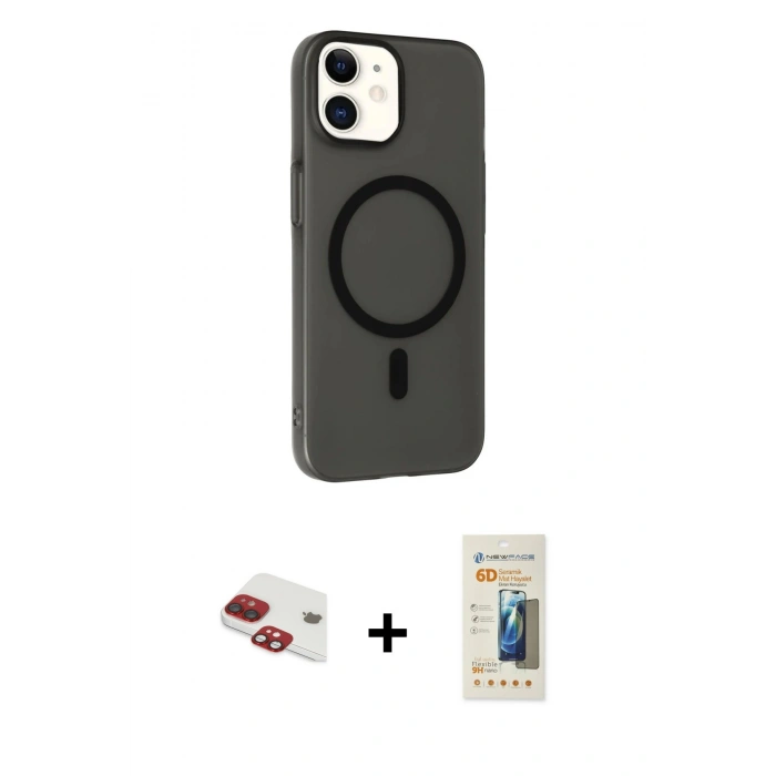 MARSİLYAN™- iPhone 11 Kılıf Çekirdek Modern Prime - Siyah 6D Mat Seramik Hayalet Nano Ekran Koruyucu + Kırmızı Pers Alüminyum Kamera Lens