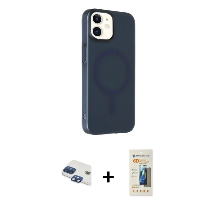 MARSİLYAN™- iPhone 11 Kılıf Çekirdek Modern Prime - Siyah 6D Mat Seramik Hayalet Nano Ekran Koruyucu + Lacivert Pers Alüminyum Kamera Lens
