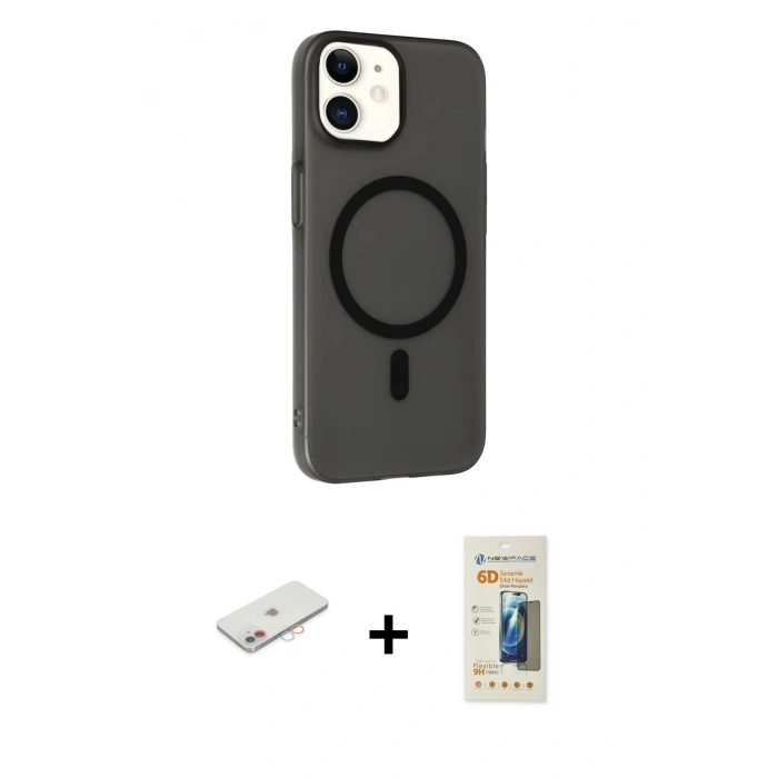 MARSİLYAN™- iPhone 11 Kılıf Çekirdek Modern Prime - Siyah 6D Mat Seramik Hayalet Nano Ekran Koruyucu + Renkli Kamera Lens Koruma Cam - PE