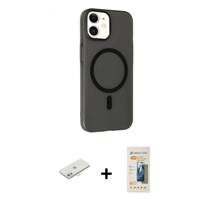 MARSİLYAN™- iPhone 11 Kılıf Çekirdek Modern Prime - Siyah 6D Mat Seramik Hayalet Nano Ekran Koruyucu + Renkli Kamera Lens Koruma Cam - SI