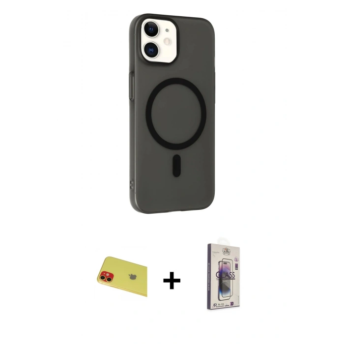 MARSİLYAN™- iPhone 11 Kılıf Çekirdek Modern Prime - Siyah Bilvis 3D Cam Ekran Koruyucu + Rainbow Kamera Lens Koruma Cam - KI