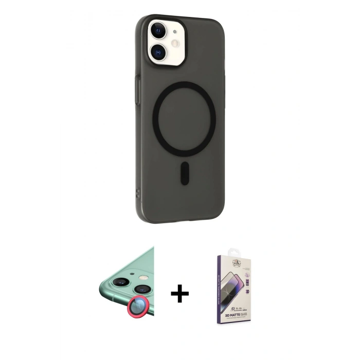 MARSİLYAN™- iPhone 11 Kılıf Çekirdek Modern Prime - Siyah Bilvis 3D Mat Cam Ekran Koruyucu + Raze Metal Kamera Lens - KI