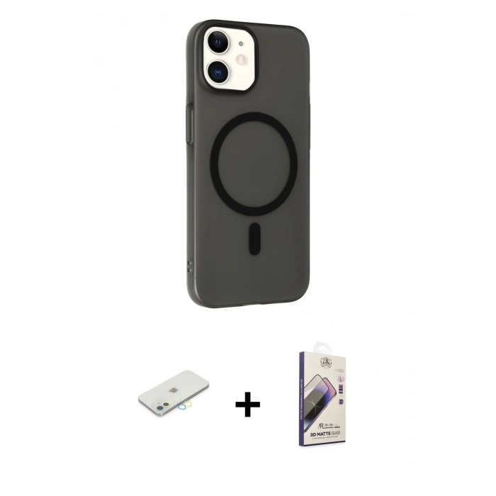 MARSİLYAN™- iPhone 11 Kılıf Çekirdek Modern Prime - Siyah Bilvis 3D Mat Cam Ekran Koruyucu + Renkli Kamera Lens Koruma Cam - SI