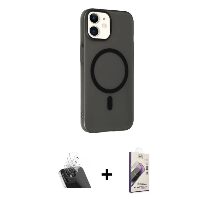 MARSİLYAN™- iPhone 11 Kılıf Çekirdek Modern Prime - Siyah Bilvis 3D Mat Cam Ekran Koruyucu + Şeffaf Kamera Lens Koruma Cam